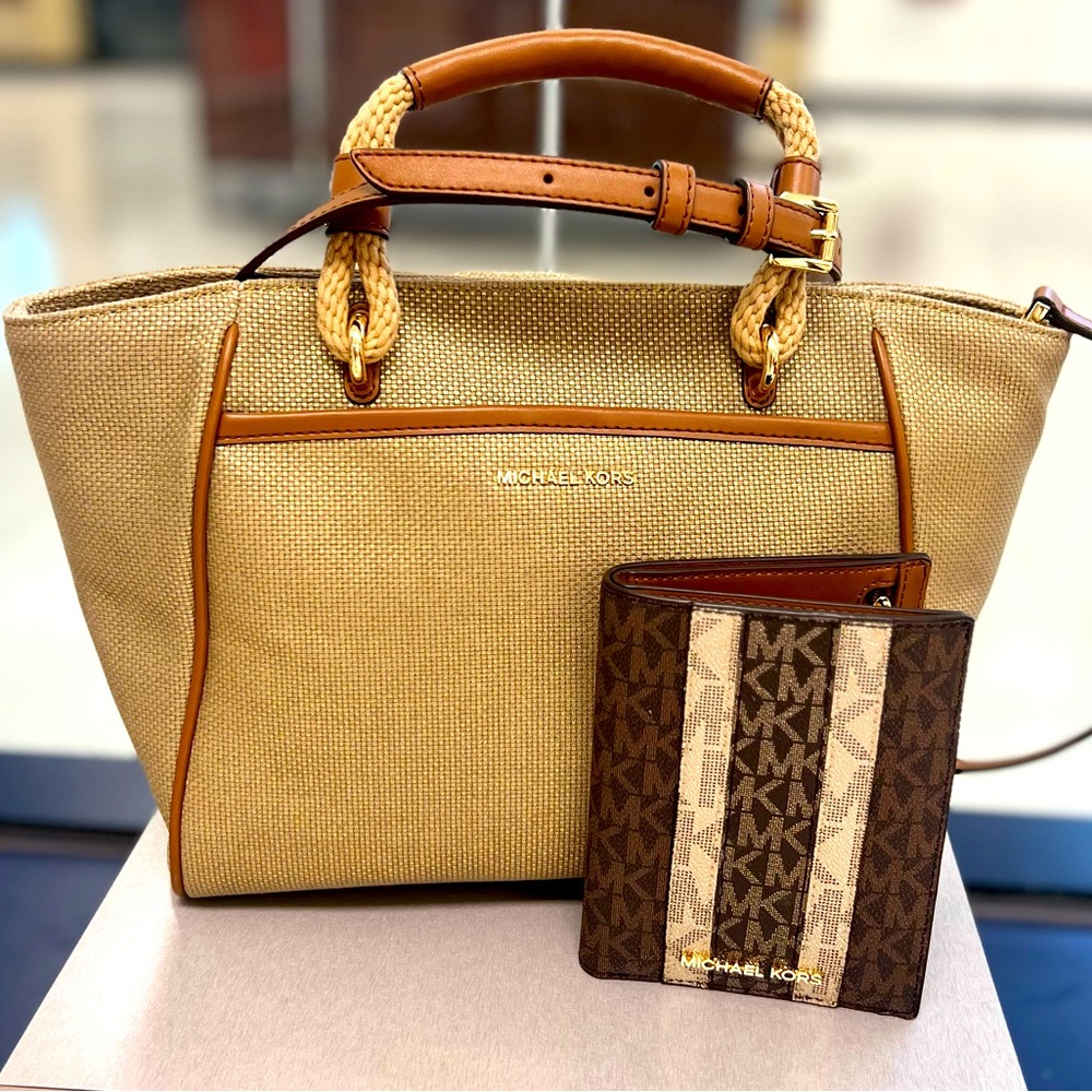 Talia Small Metallic Cotton Canvas Tote and passport holder bundle